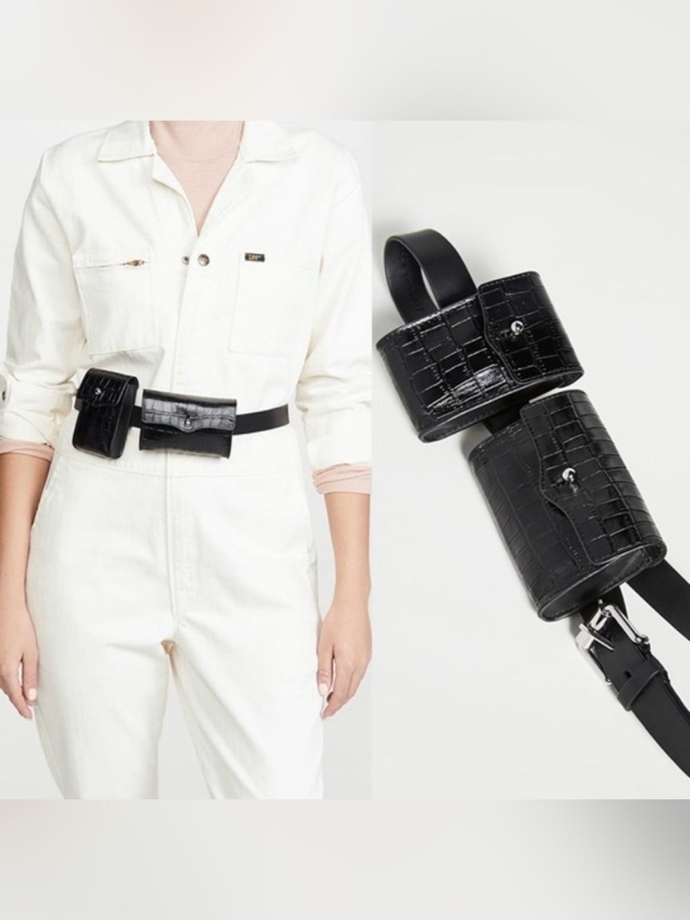 REBECCA MINKOFF | LEATHER CROCODILE EMBOSSED FANNY BELT BAG IN BLACK SMALL/MED